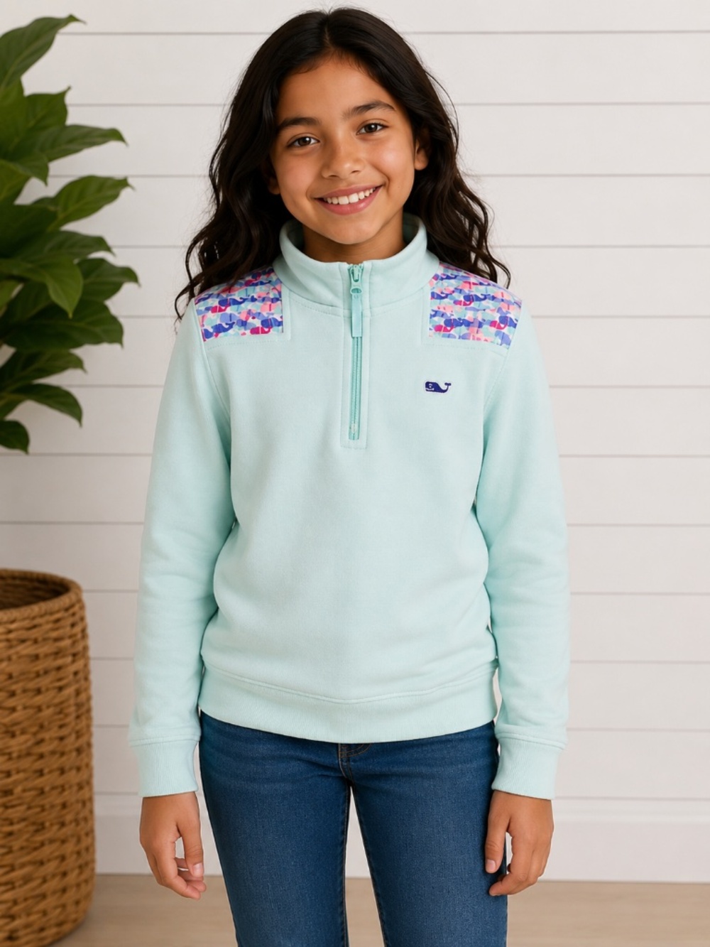 Vineyard Vines Kids Mint Whale Print Quarter Zip Pullover M 10-12